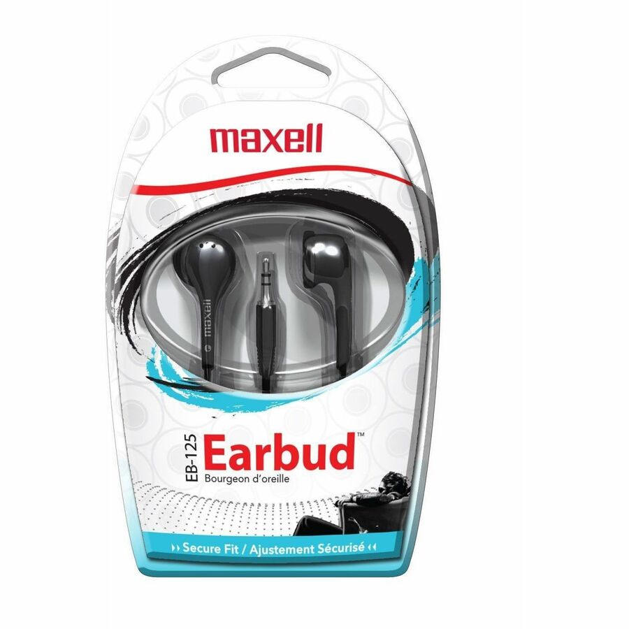 Maxell EB-125 Stereo Ear Buds - Stereo - Mini-phone (3.5mm) - Wired - 32 Ohm - 20 Hz to 23 kHz - Nickel Plated Connector - Earbud - Binaural - Outer-ear - 4 ft Cable - Black - 1 Each