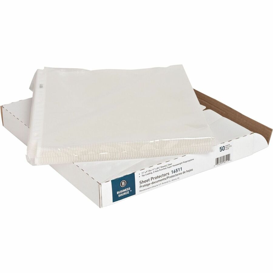 Business Source Sheet Protectors - 5 mil Thickness - For Letter 8 1/2" x 11" Sheet - 3 x Holes - Ring Binder - Top Loading - Rectangular - Clear - Polypropylene - 1 Box
