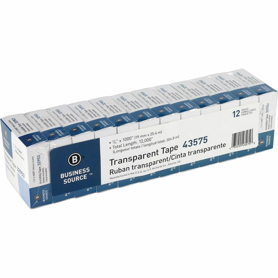 Business Source All-purpose Transparent Glossy Tape - 27.78 yd Length x 0.75" Width - 1" Core - Clear - For Sealing, Mending, Protecting - 12 / Pack