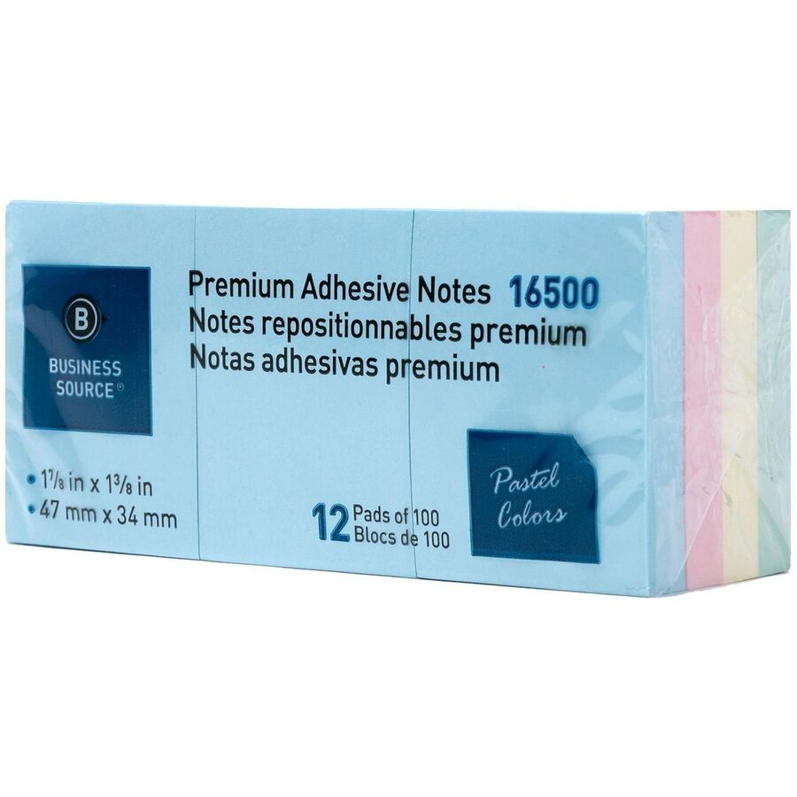Business Source Premium Plain Pastel Adhesive Notes - 1 1/2" Flag/Note Width x 2" Flag/Note Length - Rectangle - Unruled - Pastel - Self-adhesive, Repositionable, Solvent-free Adhesive - 12 / Pack