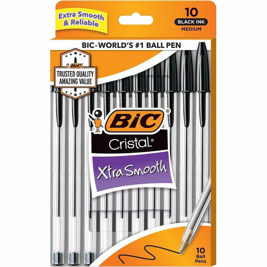 BIC Cristal Ballpoint Stick Pens - Black Ink - Clear Barrel - 10 / Pack