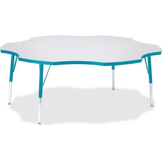 Jonti-Craft Berries Elementary Height Prism Six-Leaf Table - Laminated, Teal Top - Four Leg Base - 4 Legs - Height Adjustable - 15" to 24" Adjustment x 1.13" Table Top Thickness x 60" Table Top Diameter - 24" Height - Educational Environment - Assembly...