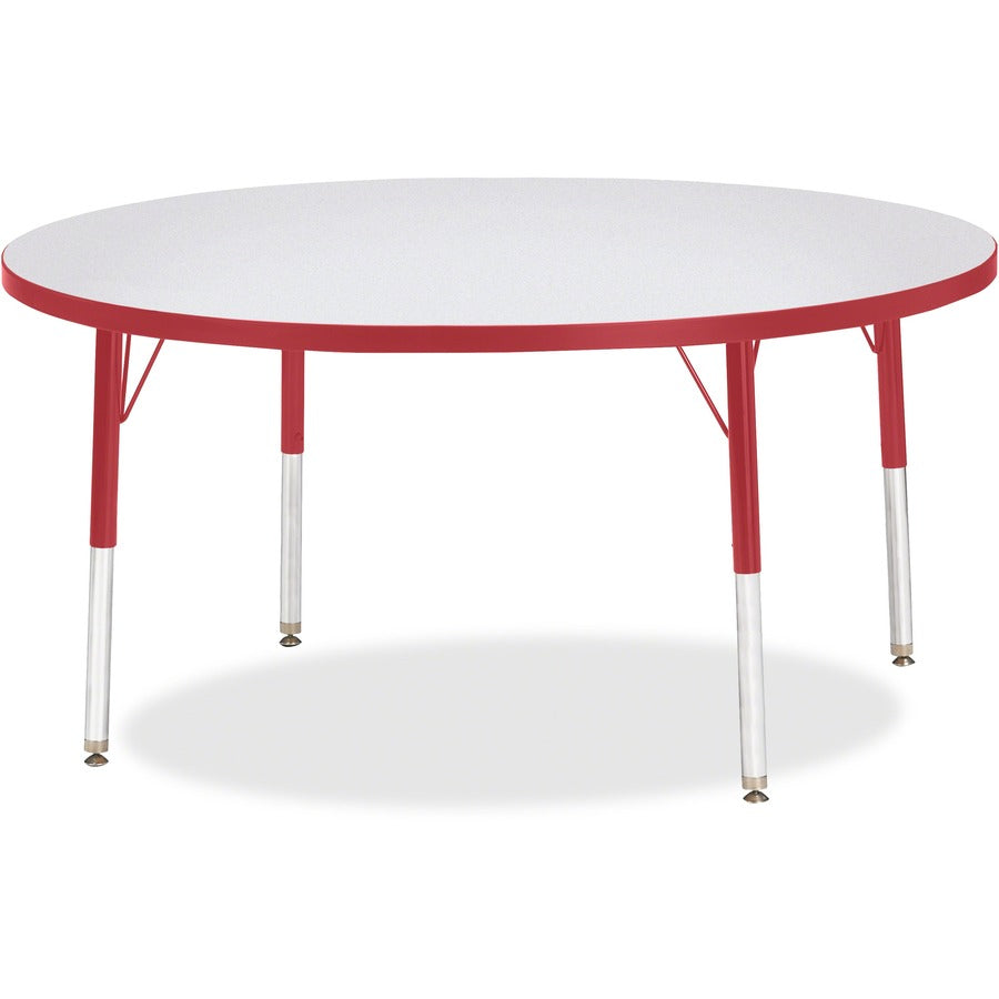 Jonti-Craft Berries Elementary Height Color Edge Round Table - Red Round Top - Four Leg Base - 4 Legs - Height Adjustable - 15" to 24" Adjustment x 1.13" Table Top Thickness x 48" Table Top Diameter - 24" Height - Art, Craft - Assembly Required - Freck...