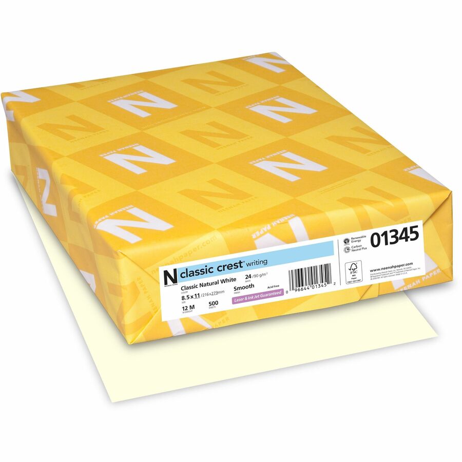 Classic Crest Writing Multipurpose Paper - White - Letter - 8 1/2" x 11" - Smooth - Green Seal - Watermarked, Acid-free, No Cotton Content, Ream-wrapped - Natural White - 1 Ream