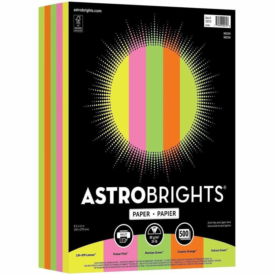 Astrobrights Color Copy Paper - "Neon" ,  5 Assorted Colours - Letter - 8 1/2" x 11" - 24 lb Basis Weight - Green Seal - Acid-free, Lignin-free, Heavyweight, Fade Resistant - Cosmic Orange, Lift-off Lemon, Martian Green, Pulsar Pink, Vulcan Green - 1 Ream