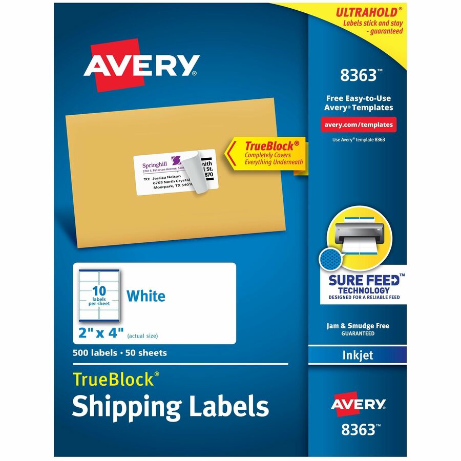 Avery&reg, Shipping Labels, Sure Feed&reg, , 2" x 4" , 500 Labels (8363) - 2" Width x 4" Length - Permanent Adhesive - Rectangle - Inkjet - Matte - White - Paper - 10 / Sheet - 50 Total Sheets - 500 Total Label(s) - 500 / Box