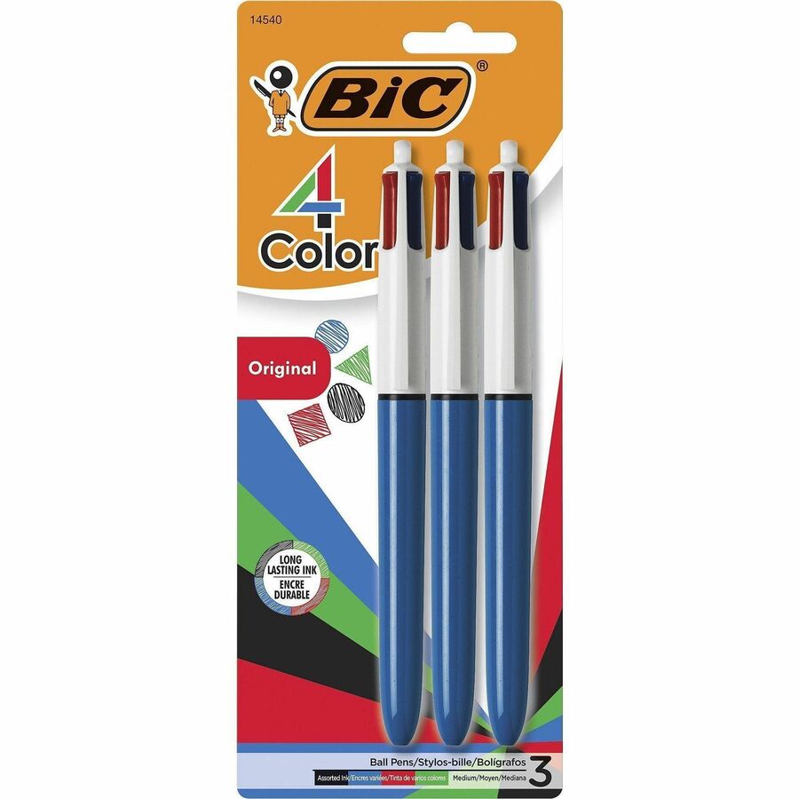 BIC 4-Color Retractable Ball Pen - Refillable - Retractable - Black, Blue, Green, Red Ink - Opaque Blue Barrel - 3 / Pack