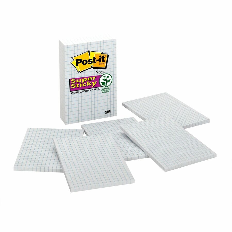 Post-it&reg, Grid-Lined Notes - 600 x White - 4" Flag/Note Width x 6" Flag/Note Length - Rectangle - 50 Sheets per Pad - Grid - White - Paper - Self-adhesive, Repositionable - 6 / Pack