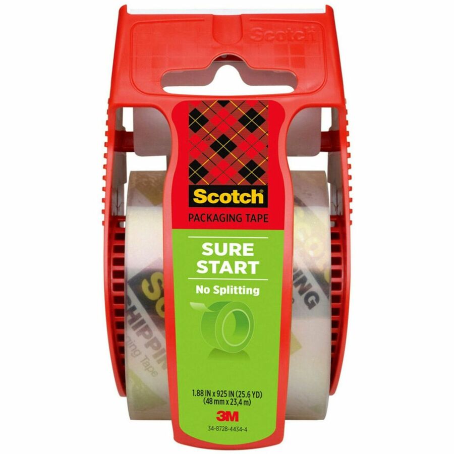 Scotch Sure Start Easy Unwind Packaging Tape - 22.20 yd Length x 1.88" Width x 2.6 mil Thickness x 1.50" Diameter - 1 1/2" Core - Clear - Synthetic Rubber Backing - Dispenser Included - Handheld Dispenser - Tear Resistant, Sliver Resistant - For Mailin...