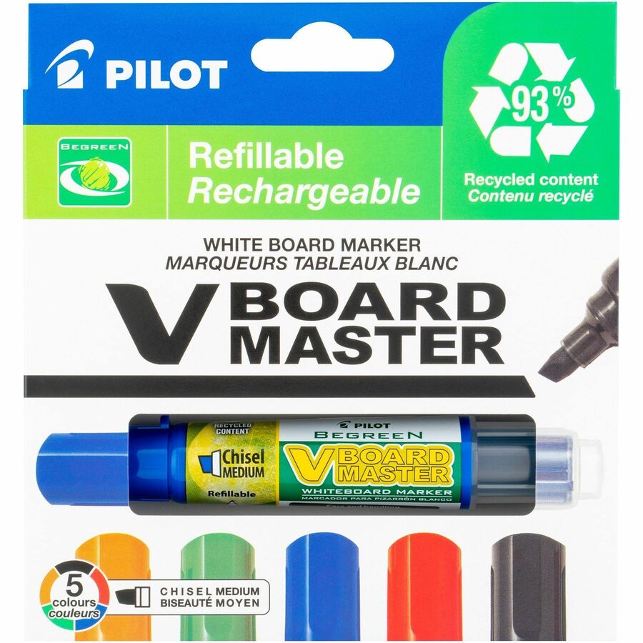 Pilot BeGreen Refillable VBoard Dry-erase Marker - Refillable - Orange, Green, Blue, Black, Red Ink - 5 / Pack