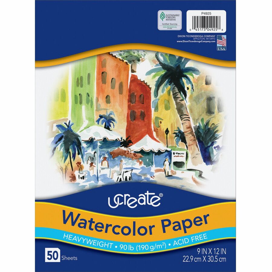 UCreate Watercolor Paper - 9" x 12" - 90 lb Basis Weight - Vellum - Sustainable Forestry Initiative (SFI) - Acid-free - White - 1 Pack