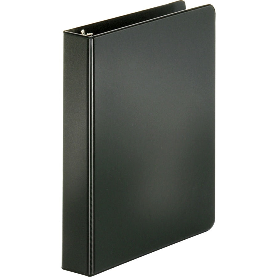 Business Source Basic Round Ring Binder - 1" Binder Capacity - 8 1/2" x 5 1/2" Sheet Size - 240 Sheet Capacity - 3 Ring - Fastener: Round Ring - Pocket: Inside Front & Back - Chipboard, Polypropylene - Black - Open and Closed Triggers, Exposed Rivet, S...