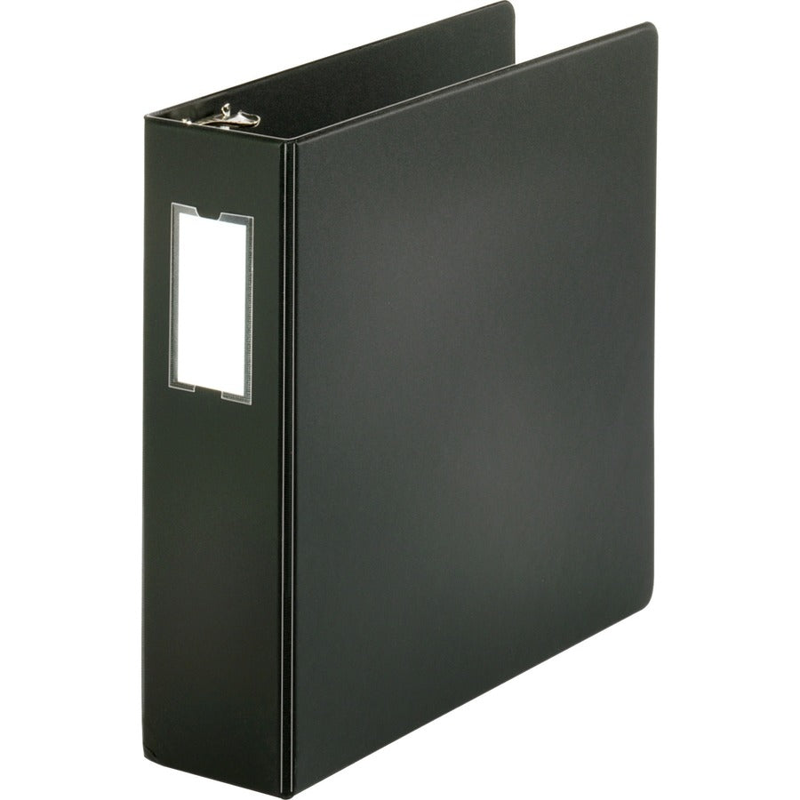 Business Source Basic Round Ring Binder w/Label Holder - 3" Binder Capacity - Letter - 8 1/2" x 11" Sheet Size - 3 Ring - Fastener: Round Ring - Vinyl - Black - Open and Closed Triggers, Label Holder - 1 Each