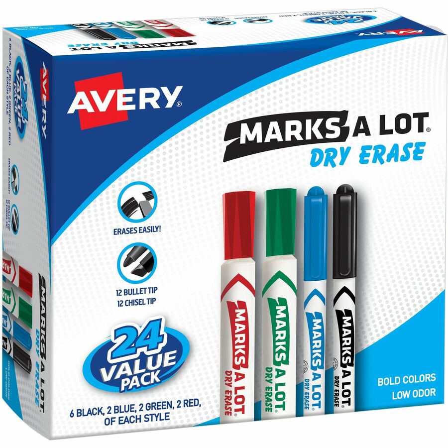 Avery&reg, Marks A Lot Dry Erase Markers, Desk/Pen-Style, 24 Assorted - Chisel, Bullet Marker Point - Erasable - Black, Blue, Green, Red Ink - Assorted Barrel - Calendar, School, Home - 24 / Box