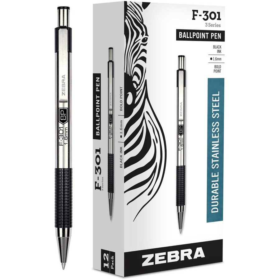 Zebra STEEL 3 Series F-301 Retractable Ballpoint Pen - Refillable - Retractable - Black Ink - Stainless Steel Barrel - 12 / Dozen