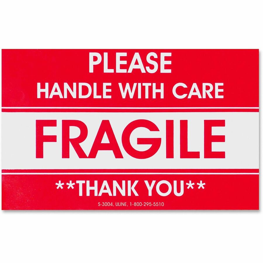 Tatco Fragile/Handle With Care Shipping Label - Fragile - Handle with Care, Thank You - 3" Width x 5" Length - Rectangle - Red - 500 / Roll - 500 / Roll