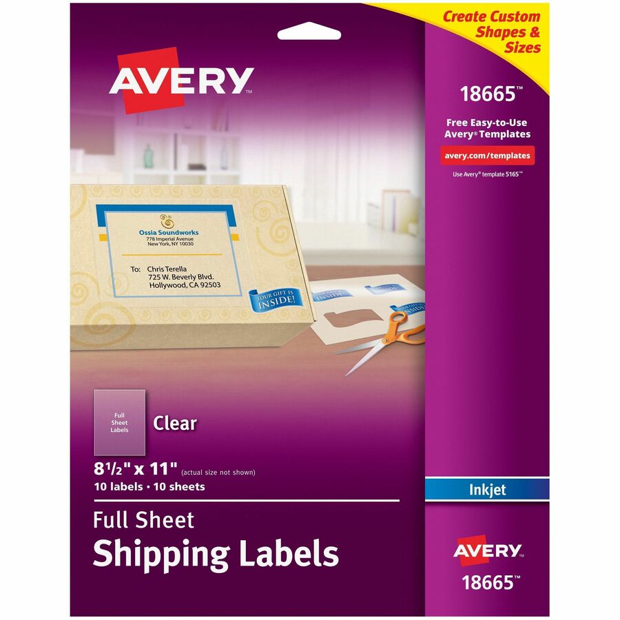 Avery&reg, Shipping Label - 8 1/2" Width x 11" Length - Permanent Adhesive - Rectangle - Inkjet - Matte Clear - Matte - Film - 1 / Sheet - 1 Total Sheets - 10 Total Label(s) - 10 / Pack