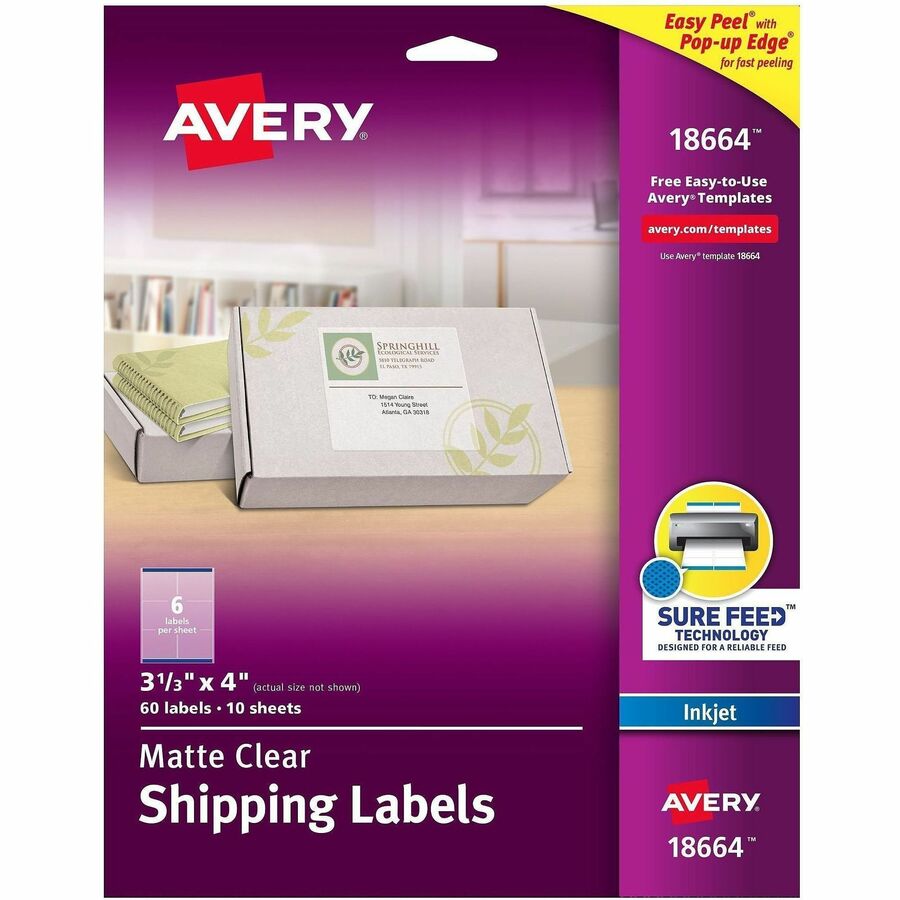 Avery&reg, Clear Shipping Labels, Sure Feed, 3-1/3" x 4" , 60 Labels (18664) - x 3 21/64" Width x 4" Length - Permanent Adhesive - Rectangle - Inkjet - Matte - Clear - Film - 6 / Sheet - 10 Total Sheets - 60 Total Label(s) - For Label Printer - 60 / Pack