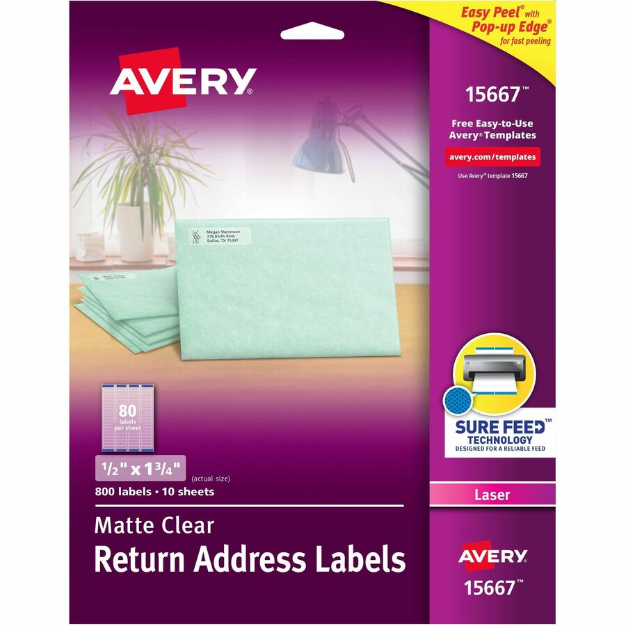 Avery&reg, Easy Peel Return Address Labels - 1/2" Width x 1 3/4" Length - Permanent Adhesive - Rectangle - Laser - Matte - Clear - Film - 80 / Sheet - 10 Total Sheets - 800 Total Label(s) - 800 / Pack