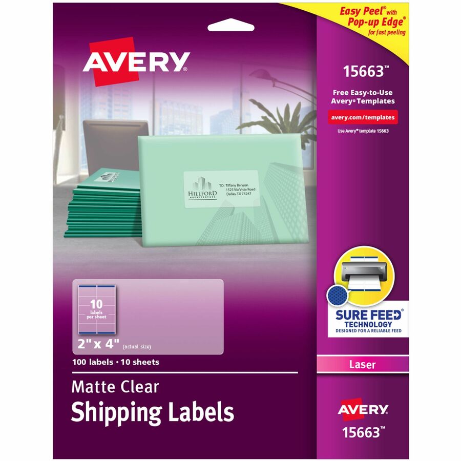 Avery&reg, Clear Shipping Labels, Sure Feed, 2" x 4" , 100 Labels (15663) - 2" Width x 4" Length - Permanent Adhesive - Rectangle - Laser - Matte - Clear - Film - 10 / Sheet - 10 Total Sheets - 100 Total Label(s) - 100 / Pack
