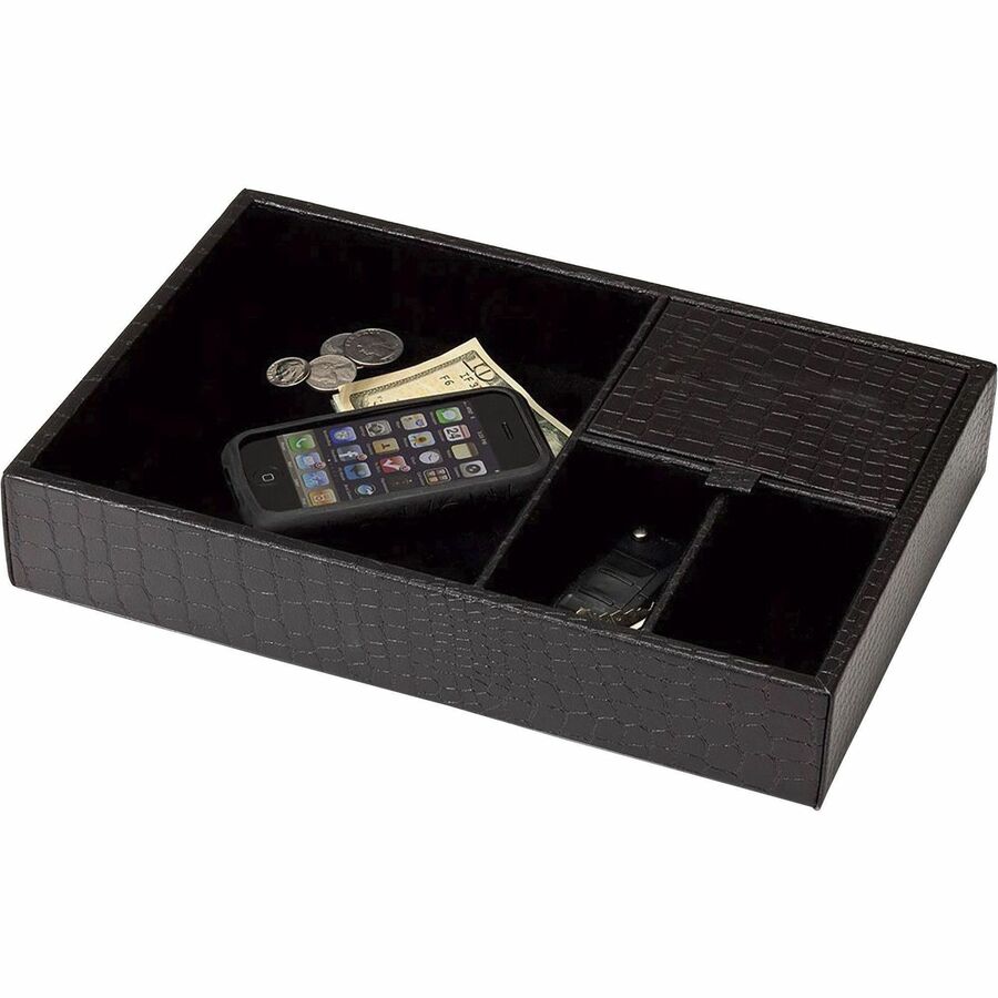 Dacasso Crocodile Embossed Black Leather Standard Valet Tray - 4 Compartment(s) - Compartment Size : 2" - Desktop - Black - Velveteen, Leather - 1 Each