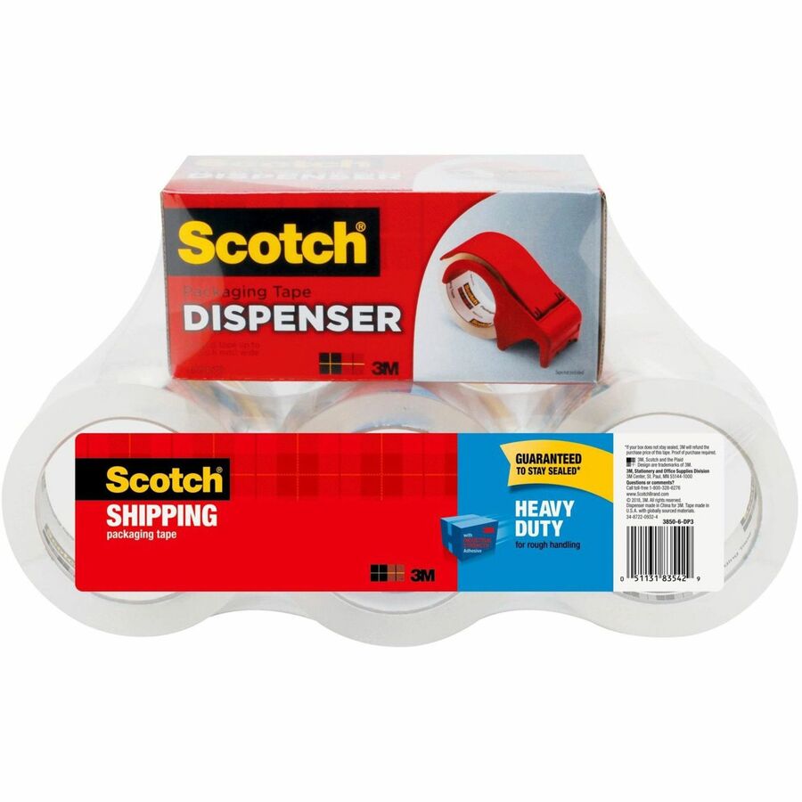 Scotch Heavy-Duty Shipping/Packaging Tape - 54.60 yd Length x 1.88" Width x 3.1 mil Thickness - 3" Core - Clear - Synthetic Rubber Resin - Rubber Resin Backing - Dispenser Included - Breakage Resistance - For Mailing, Moving, Shipping, Packing - 1 Pack