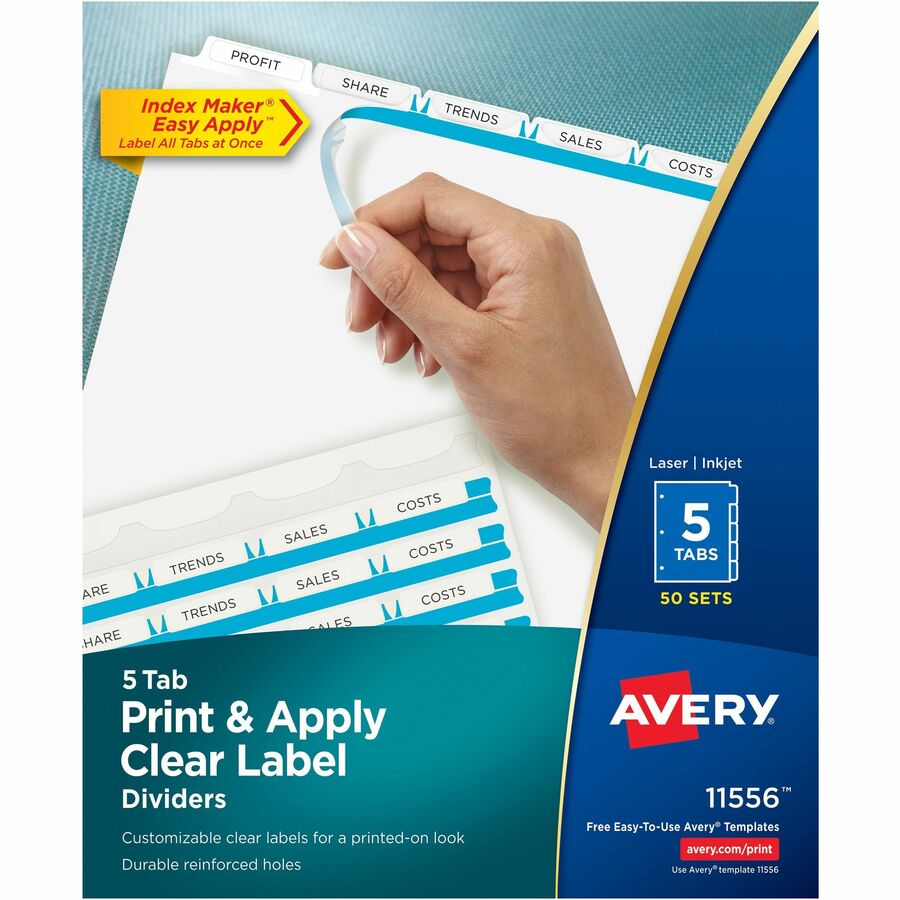 Avery&reg, Index Maker Index Divider - 250 x Divider(s) - Print-on Tab(s) - 5 - 5 Tab(s)/Set - 8.5" Divider Width x 11" Divider Length - 3 Hole Punched - White Paper Divider - White Paper Tab(s) - Hole-punched, Printable, Customizable - 50 / Box