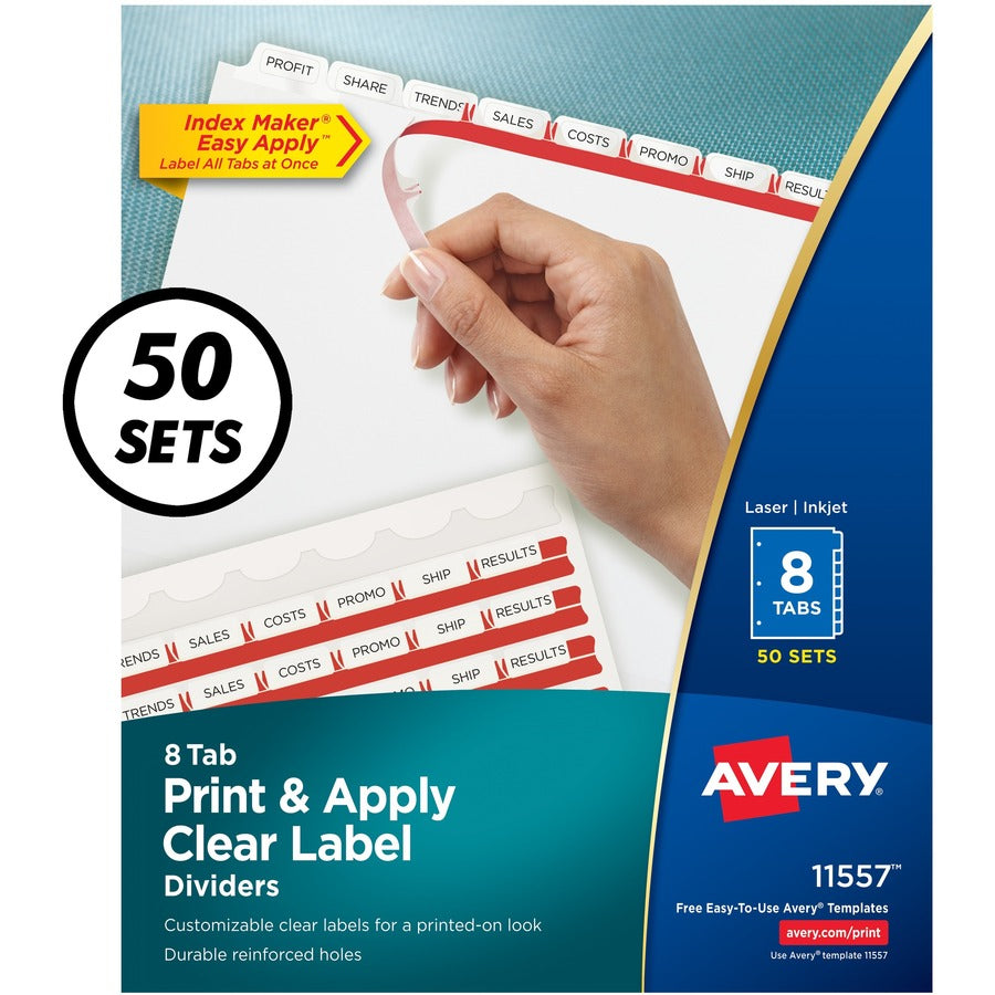 Avery&reg, Index Maker Index Divider - 400 x Divider(s) - Print-on Tab(s) - 8 - 8 Tab(s)/Set - 8.5" Divider Width x 11" Divider Length - 3 Hole Punched - White Paper Divider - White Paper Tab(s) - Hole-punched, Printable, Customizable - 50 / Box