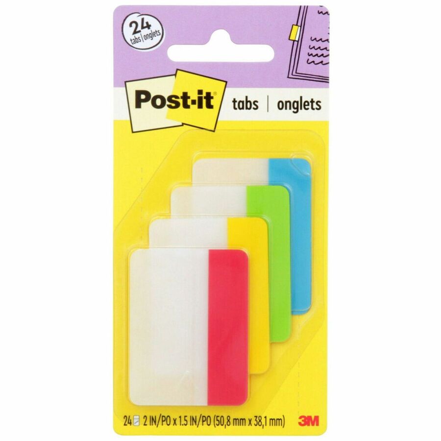 Post-it&reg, Durable Tabs - Primary Colors - Write-on Tab(s) - 2" Tab Height x 1.50" Tab Width - Red, Yellow, Green, Blue Tab(s) - Durable, Repositionable, Wear Resistant, Tear Resistant - 24 / Pack