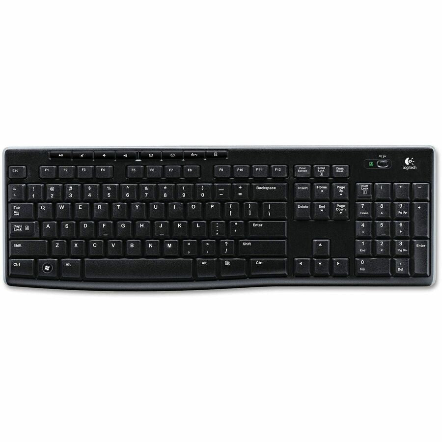 Logitech K270 Keyboard - Wireless Connectivity - RF - 33 ft - 2.40 GHz - USB Interface - Multimedia, Email, Play/Pause, Volume Control, Internet Hot Key(s) - Computer - PC - AAA Battery Size Supported - Black
