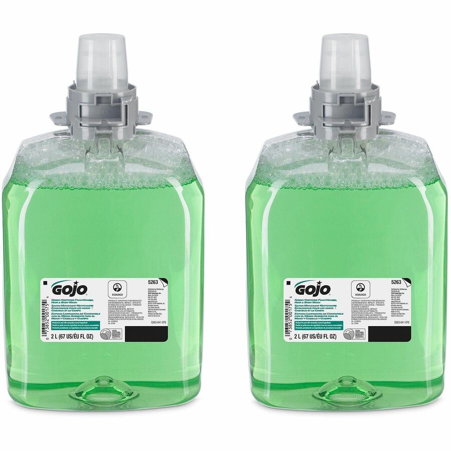 Gojo&reg, FMX-20 Green Certified Foam Hand, Hair & Body Wash - Cucumber Melon Scent - 2.11 quart - Hair, Hand, Body - Clear, Green - 2 / Carton