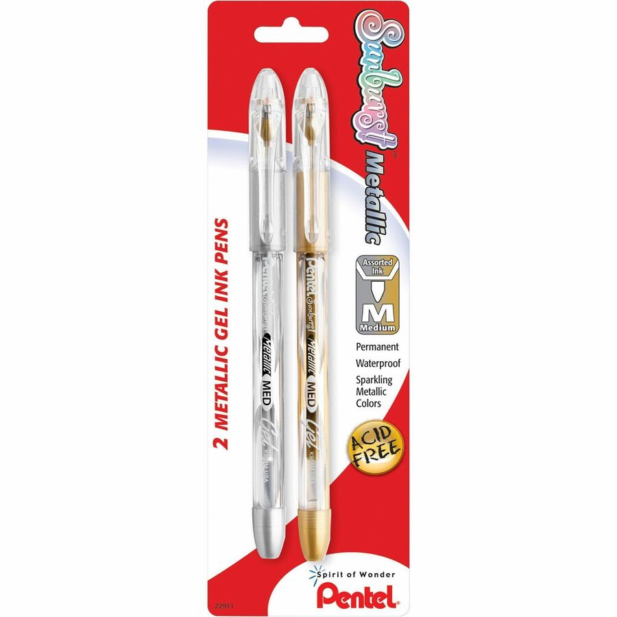 Pentel Arts Pentel Sunburst Metallic Color Permanent Gel Pens - Refillable - Gold, Silver Ink - Gel-based - 2 / Pack