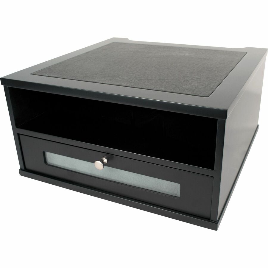 Victor Midnight Black Collection Wood Monitor Riser - Flat Panel Display Type Supported - 1 x Shelf(ves) - DepthDesktop - Matte Black - Faux Leather, Wood, Glass, Metal - Black