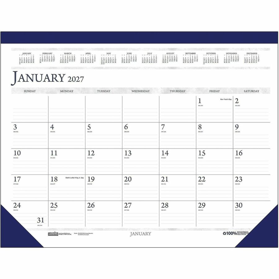 House of Doolittle Deep Blue Print 18.5" Desk Pad Calendar - Julian Dates - Monthly - 12 Month - January 2027 to December 2027 - 1 Month Single Page Layout - 18 1/2" x 13" Sheet Size - White Sheet - 1.75" x 2.37" Block - Headband - Desk Pad - Blue, Gra...