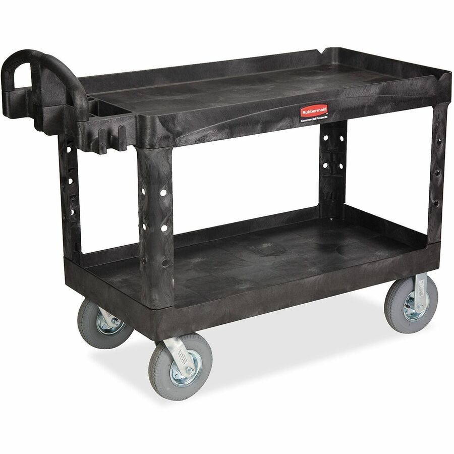 Rubbermaid Commercial Large Utility Cart with Lipped Shelf - 2 Shelf - 750 lb Load Capacity - 4 Casters - 5" Caster Size - Resin - 55" Length x 26" Width x 33.25" Height - Black - 1 Each