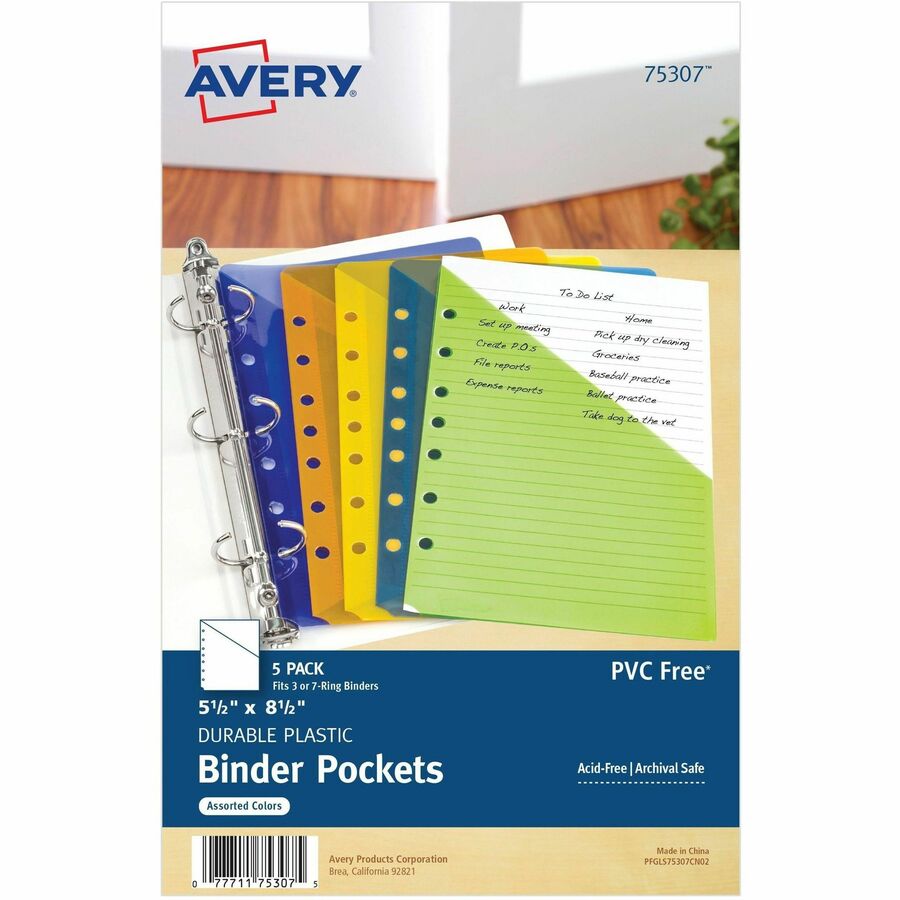 Avery&reg, Mini Binder Pockets, Assorted, 5.5" x 8.5" , 5ct (75307) - 20 x Sheet, Paper, Photograph, Document Capacity - For 5 1/2" x 8 1/2" Sheet - 7 x Holes - Ring Binder - Rectangular - Green, Orange, Yellow, Purple, Blue - Polypropylene, Plastic...