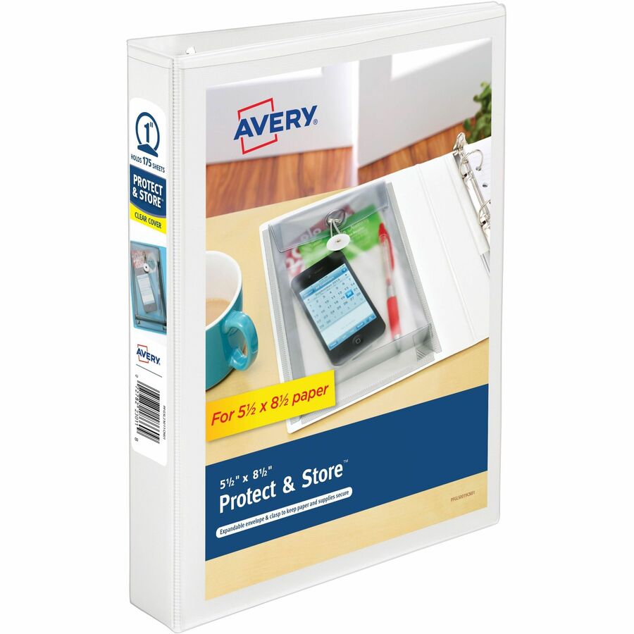Avery&reg, Protect & Store Mini Binder, 1" Round Rings, White (23011) - 1" Binder Capacity - Statement - 5 1/2" x 8 1/2" Sheet Size - 175 Sheet Capacity - 175 Ring - Fastener: Round Ring - Pocket: 2, Internal - Polypropylene - White - Adhesive, Durable...