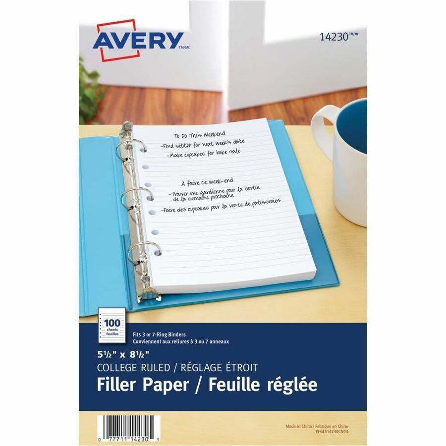 Avery Filler Paper - 100 Sheets - 5 1/2" x 8 1/2" Sheet Size - Mediumweight, Hole-punched