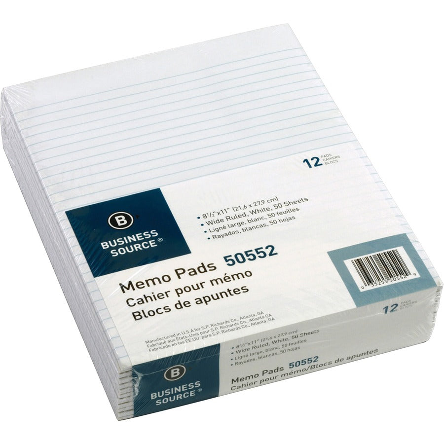 Business Source Glued Top Ruled Memo Pads - Letter - 50 Sheets - Glue - Wide Ruled Front Ruling - 16 lb Basis Weight - Letter - 8 1/2" x 11" Sheet Size - White Paper - 12 / Dozen