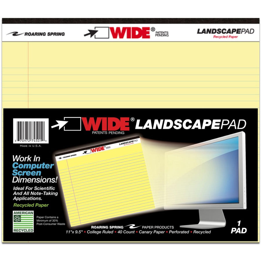 Roaring Spring Wide College Ruled Landscape Legal Pad - 40 Sheets - 80 Pages - Printed - Stapled/Tapebound - Both Side Ruling Surface - College Ruled Front Ruling - 0.28" Ruled - Red Margin - 20 lb Basis Weight - 75 g/m², Grammage - 11" x 9 1/2" Sh...