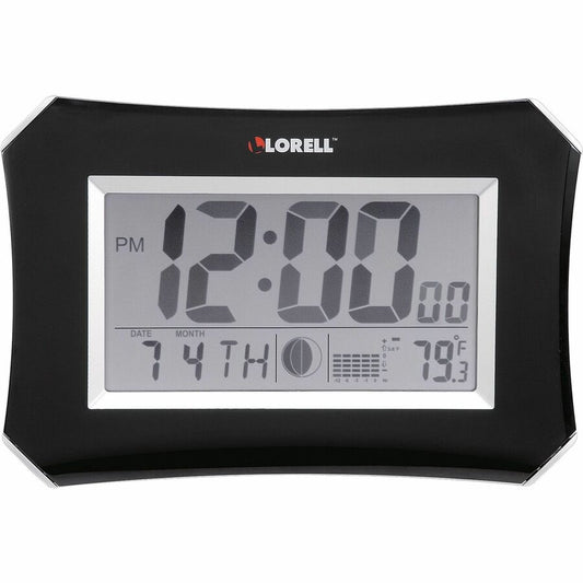 Lorell LCD Wall/Alarm Clock - Digital - Quartz - LCD - Black Main Dial - Silver Case - Plastic