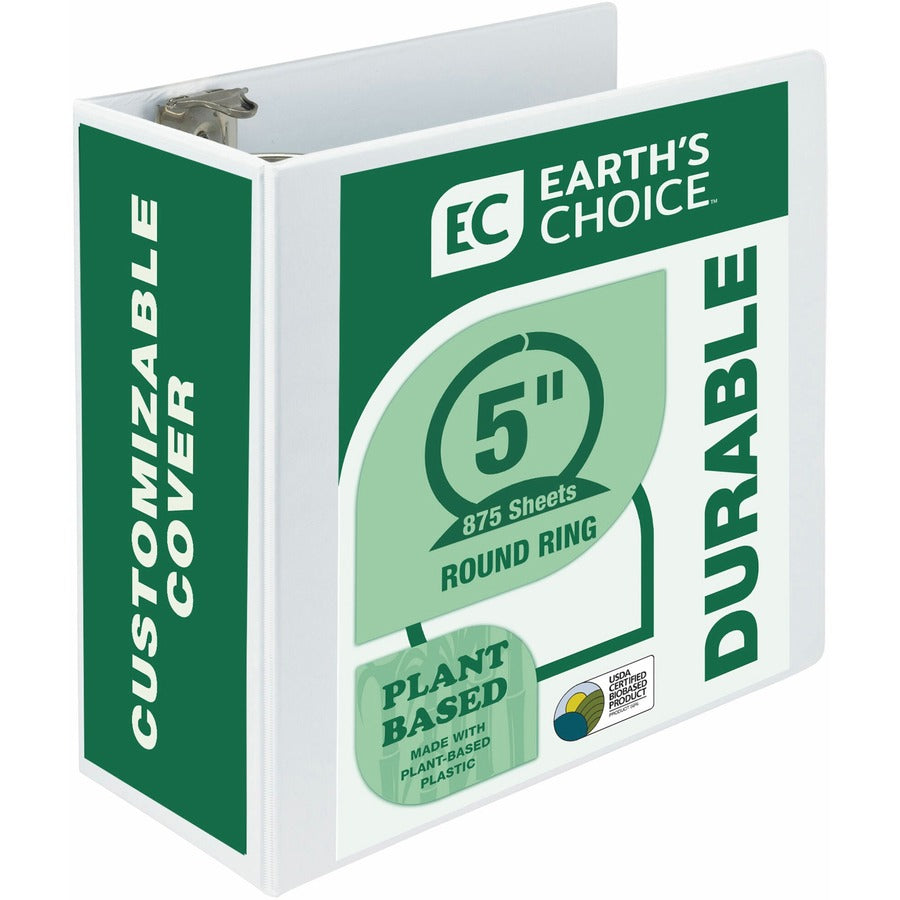 Samsill Earth's Choice Plant-based Durable View Binder - 5" Binder Capacity - Letter - 8 1/2" x 11" Sheet Size - 875 Sheet Capacity - 3 Ring - Fastener: Round Ring - Pocket: 2, Internal - Chipboard, Plastic - White - 1.76 lb - Recycled - Archival-safe...