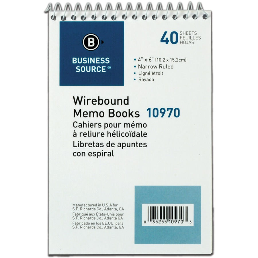 Business Source Wirebound Memo Books - 40 Sheet(s) - Wire Bound - 4" x 6" Sheet Size - White - White Sheet(s) - 12 / Dozen