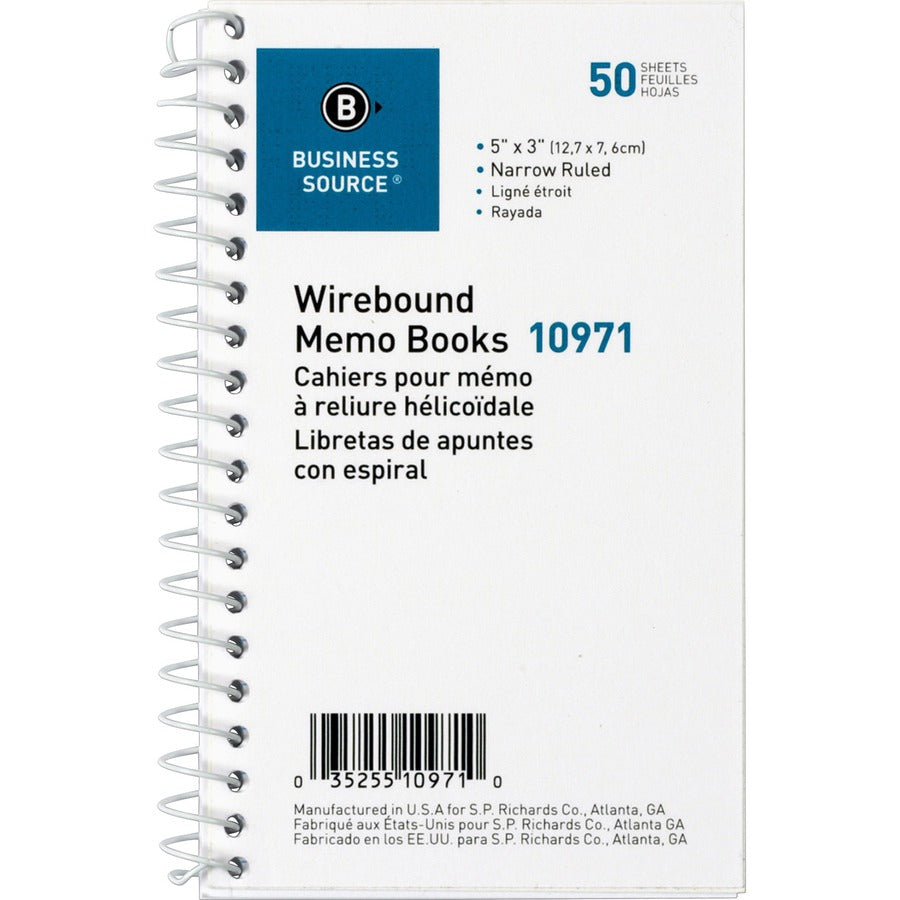 Business Source Side Wirebound Ruled Memo Book - 50 Sheet(s) - Wire Bound - 3" x 5" Sheet Size - White - 12 / Dozen