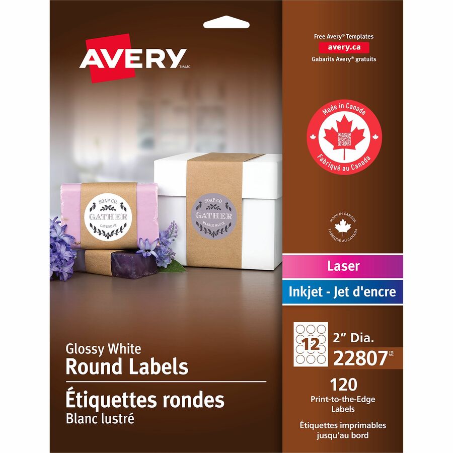Avery Glossy White Round Labels - 2" Diameter - Permanent Adhesive - Round - Laser, Inkjet - Glossy White - Paper - 12 / Sheet - 120 / Pack