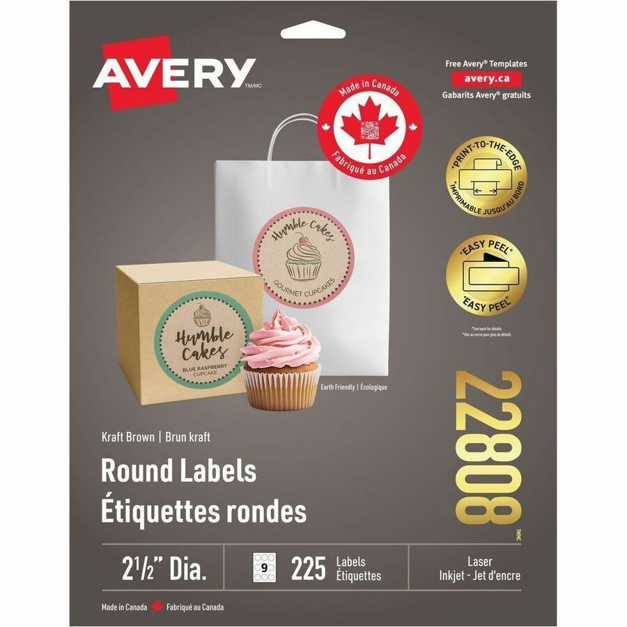 Avery Kraft Brown Round Labels - - HeightPermanent Adhesive - Round - Laser, Inkjet - Kraft Brown - Paper - 9 / Sheet - 225 / Pack