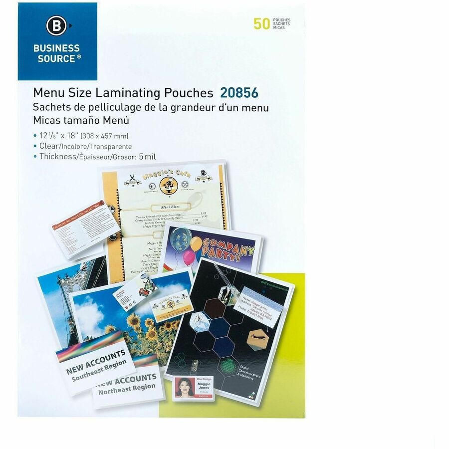 Business Source 5 mil Menu-size Laminating Pouches - Laminating Pouch/Sheet Size: 12.13" Width x 18" Length x 5 mil Thickness - for Document, ID Badge, Photo, Recipe, Recipe Card - Pre-trimmed - Clear - 1 Box