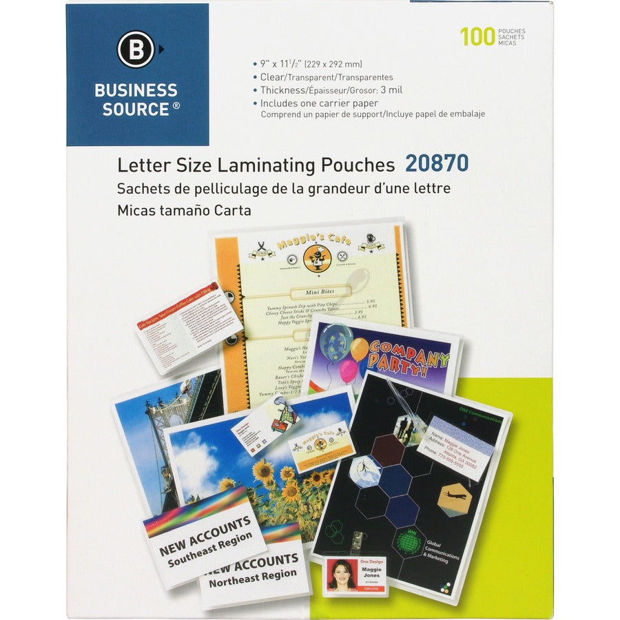 Business Source Letter Size Laminating Pouches - Laminating Pouch/Sheet Size: 9" Width x 11.50" Length x 3 mil Thickness - for Document, ID Badge, Menu, Photo - Clear - 100 / Pack