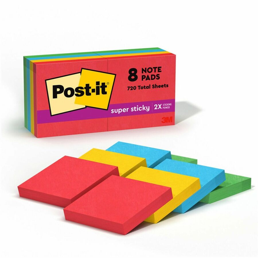 Post-it&reg, Super Sticky Notes - Playful Primaries Color Collection - 720 - 1 7/8" Flag/Note Width x 1 7/8" Flag/Note Length - Square - 90 Sheets per Pad - Unruled - Candy Apple Red, Sunnyside, Lucky Green, Blue Paradise - Paper - Self-adhesive - 8 /...
