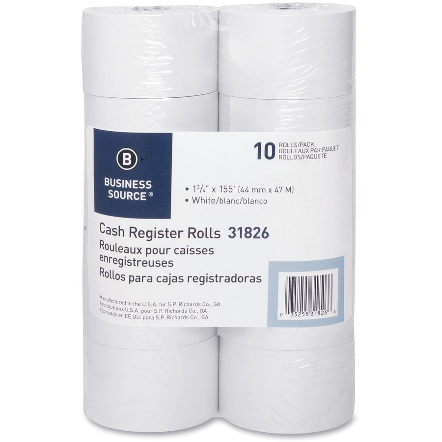 Business Source 1-Ply 155' Adding Machine Paper Rolls - 1 3/4" x 155 ft - 13.80 lb Basis Weight - Sustainable Forestry Initiative (SFI) - Lint-free - White - 1 Pack